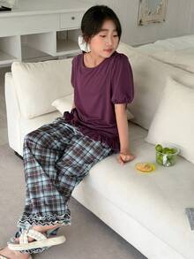 DAZY Conjunto de pijama con blusa de manga corta con volantes en el bajo y pantalones anchos de estampado a cuadros para niña preadolescente, primavera/verano/otoño - Marrón - Ver 4