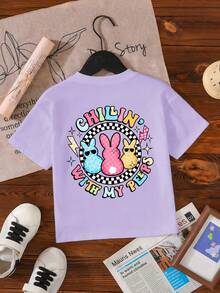 女孩复活节休闲图案T恤，休闲百搭短袖T恤，饰有兔子、格子和闪电卡通印花，夏季款 - 淡紫色 - 查看 3