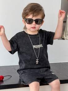 DAZY 男婴圆领水洗街头风休闲两件套T恤夏季套装 - 灰色 - 查看 5