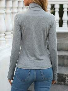 EMERY ROSE Plus Size High Neck Grey Long Sleeve T-Shirt In Plain Knitted Fabric With Rib-Knit Casual Style - Grey - View 2