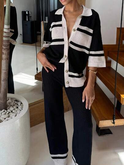 EMERY ROSE Women Striped Pattern Button Front Knit Top And Solid Color Pants Sweater Set