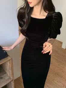 Dazy Tall 高个女式天鹅绒花瓣袖连衣裙，翻领设计 - 黑色 - 查看 9