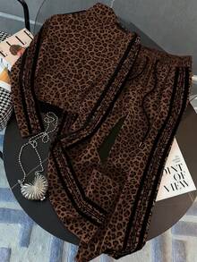 Resyla Cardigan de cuello alto ajustado con mangas raglán + Pantalones rectos con bolsillos en diagonal para tallas grandes - Marrón - Ver 2