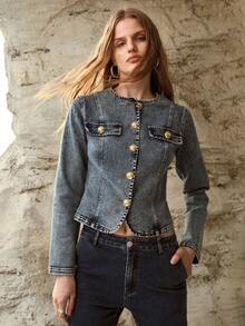 MOTF PREMIUM FITTED WAIST COLLARLESS DENIM JACKET, SPRING/SUMMER - Medium Wash - View 4