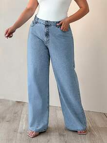SHEIN Cottnline 100% Cotton High Waist Wide Leg Plus Size Jeans - Baby Blue - View 3