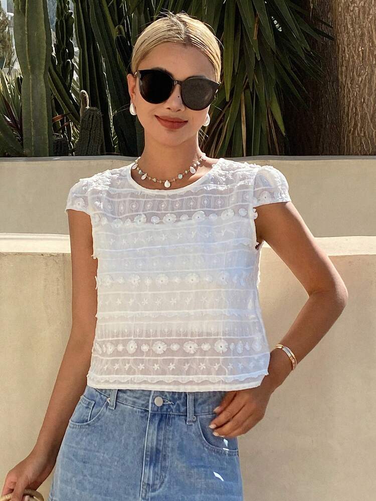 Women's Textured Jacquard Striped Ruffle Hem Casual Cropped Round Neck Pullover Blouse, Summer