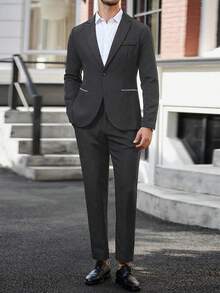 Manfinity Mode 男士翻领长袖夹克和裤子休闲商务西装套装 - 深灰色 - 查看 3