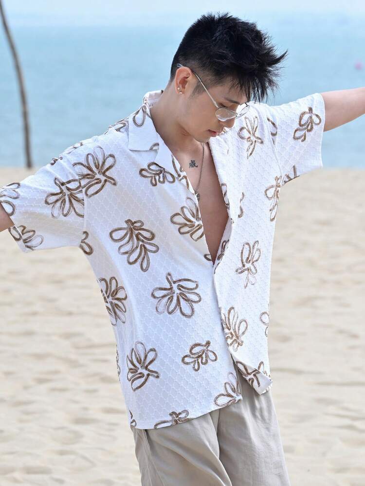 Men's Floral Print Textured Fabric Cover Up, Summer