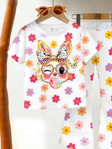 Young Girl's Cute Cartoon Rabbit&Colorful Floral Print Short Sleeve Top And Flare Pants Set,Matching Summer Family Vacation Outfit,Easter Gifts - Multicolor - View 6