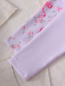 新生儿田园风淡粉色蝴蝶结花朵荷叶边领长袖连体裤发带套装，多件套 - 淡紫色 - 查看 5