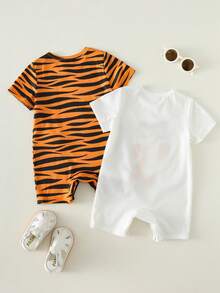 SHEIN 2件套新生儿男/女宝宝可爱卡通条纹针织连体衣，夏季 - 彩色 - 查看 2