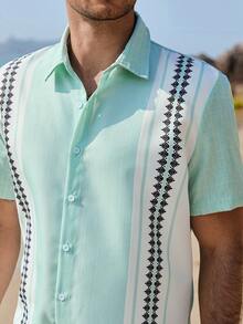 VENTUSAIL Áo sơ mi nam tay ngắn in họa tiết thực vật kẻ sọc, kiểu dáng thường ngày, thích hợp cho kỳ nghỉ và đi làm mùa hè. - màu xanh lá - Xem 3