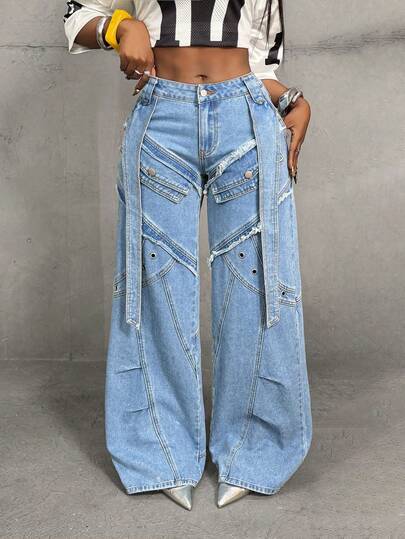 Slaydiva جينز بساق واسعة للنساء، متعدد الاستخدامات للارتداء اليومي، مزين بأزرار وفتحات على الجيوب