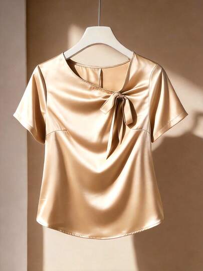 GlowEve CURVE Summer Fashion Casual Vacation French Retro Elegant Commute Asymmetrical Collar Tie Bow Blouse