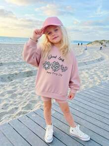 SHEIN Genkimix Kids 2件套女童碎花、格子、豹纹、三叶草、爱心图案长袖T恤和短裤套装，宽松可爱休闲装，适合春、夏、秋季穿着；粉色超大款卫衣，女童粉色卫衣套装 - 粉色 - 查看 7