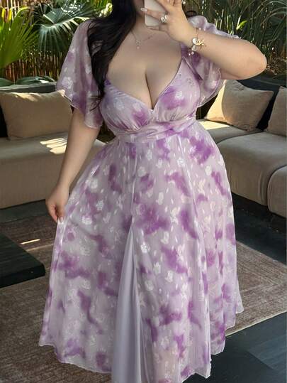 Vibekara Plus Size Vacation Style Short Sleeve Square Neck Jacquard Waist Slimming A-Line Maxi Dress