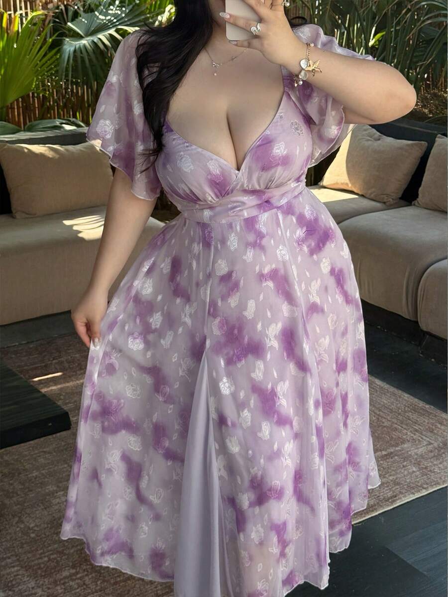 Vibekara Đầm maxi dáng chữ A tay ngắn cổ vuông chất liệu jacquard ôm eo, kiểu dáng nghỉ mát, cỡ lớn. - Màu tím - Xem 1
