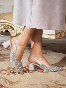 CUCCOO TILAWA Women's Shoes Square Heel Glass Rhinestone Decorative Pointed Women's High-Heeled Shoes, Suitable For Going Out, Banquets, Parties And Other Activities - Silver - View 3