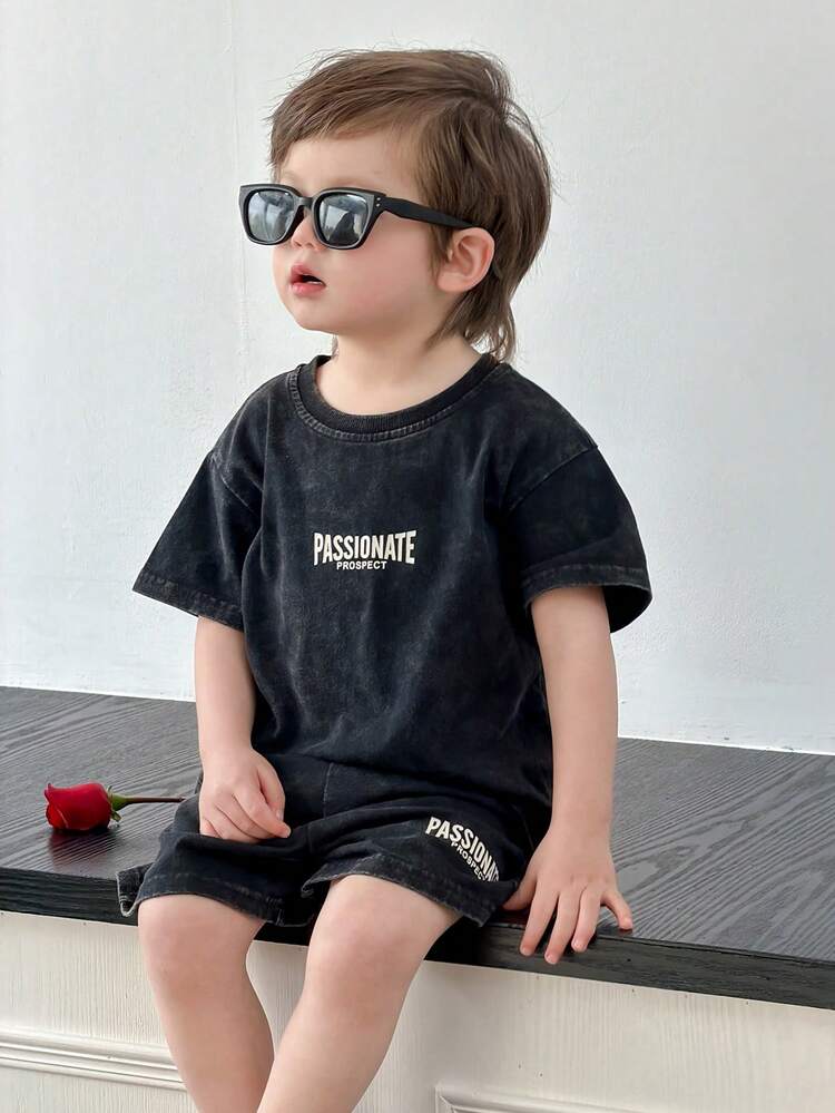 Baby Boys' Round Neck Washed Street Style Casual 2-Piece T-Shirt Set Summer