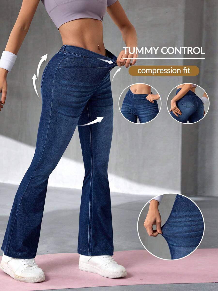 Flexra Jeans acampanados de corte slim con lavado casual para mujer - Azul - Ver 1