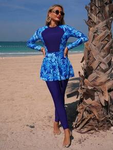 Swim Mulvari 新款夏季女士圆领长袖收腰纯色拼接蓝色花卉印花连衣裙和裤子休闲度假比基尼套装 - 藍色 - 查看 4