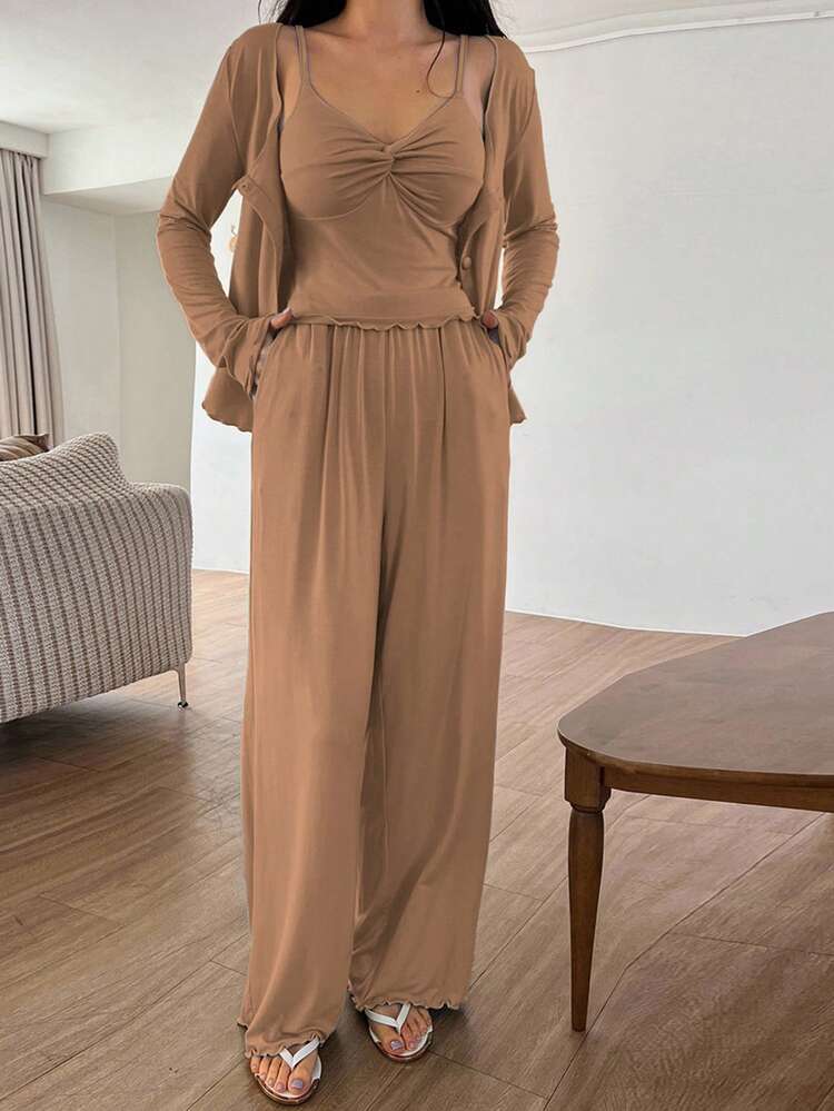 3pcs Solid Color Knit Twist Design Camisole Cardigan & Pants Loungewear Set For Women