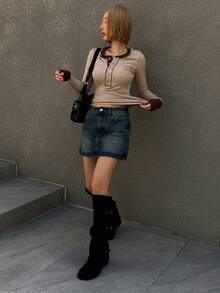 Dazy Tall Tall Women's Regular Waist Short Straight Denim Skirt, Casual Street Style - Dark Wash - View 5