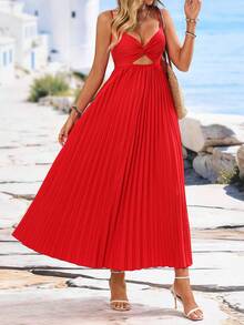Breezaya Đầm suông thanh lịch màu trơn xếp ly xoắn, dáng suông, thích hợp cho tiệc tối, kỳ nghỉ, chụp ảnh trên bãi biển, kiểu dáng Pháp với dây đeo mảnh. - Đỏ - Xem 3
