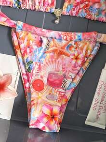 Swim Mod 两件套，春夏海滩度假随机海星和仿珍珠印花配饰，加厚肩带挂脖三角杯文胸和比基尼泳裤，性感女士泳装 - 彩色 - 查看 5