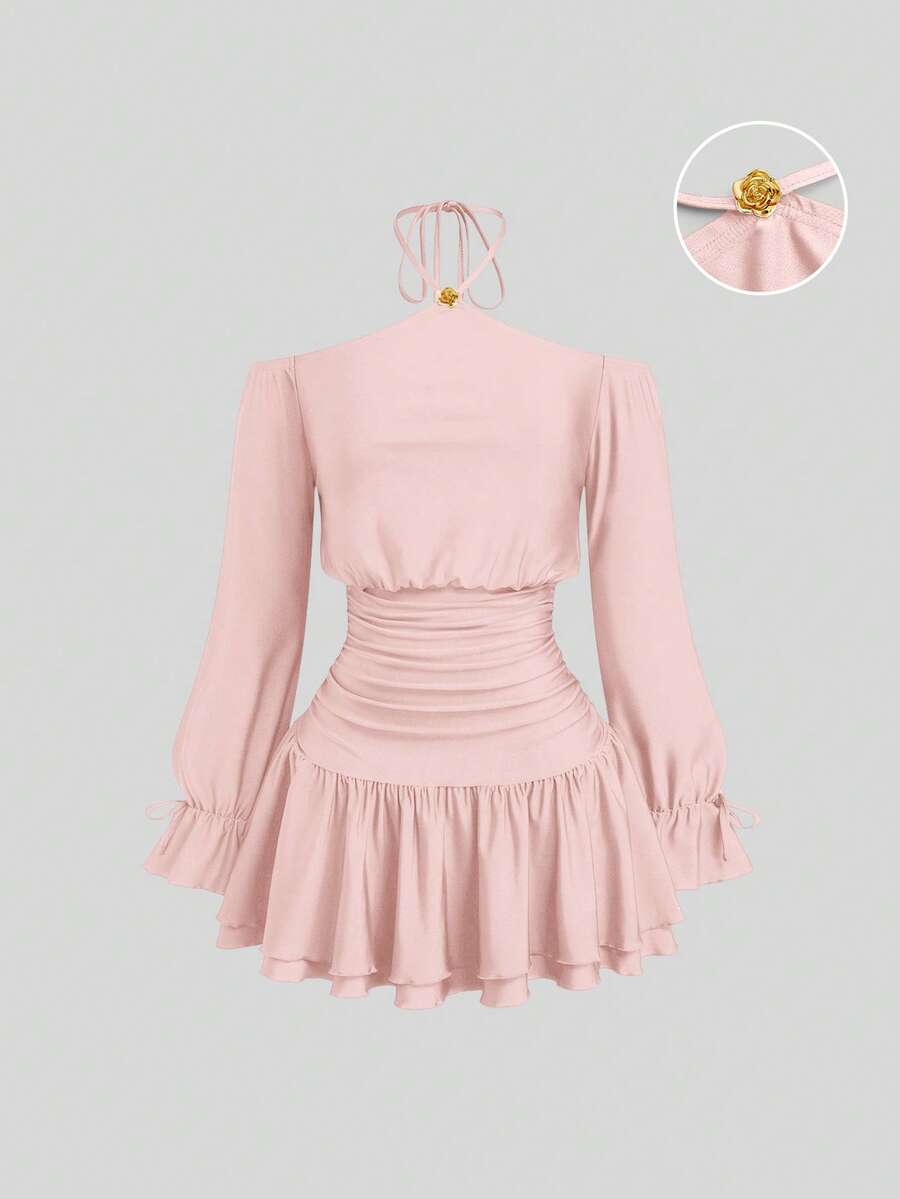Sweetra Plus Size Women's Off-Shoulder Red Metal Decor Cinched Waist Fitted Short Ruffle Hem Long Sleeve Summer Dress - Baby Pink - View 1