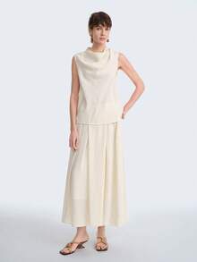 Aalyst Women's Linen Draped Neck Top And Skirt Casual 2 Pieces Set - Beige - View 3