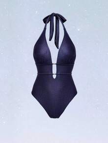 Swim Chiccia Women's Summer New Halter Hollow Front Metal Accessory Reflective Special Fabric Backless Sexy One-Piece Swimsuit - Blue - View 6