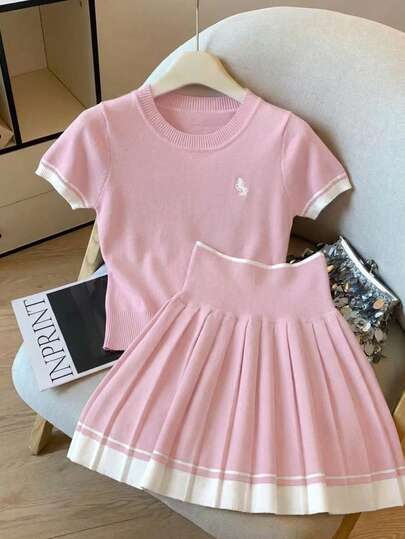 GlowEve Contrast Color Striped Fitted Equestrian Embroidered Short Sleeve Crop Top And High Waist Pleated Mini Skirt 2-Piece Set For Women