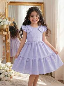 女童镂空针织连衣裙，圆领短袖，松紧腰带，荷叶边下摆，适合通勤、度假、海滩等多种场合。 - 紫色 - 查看 3