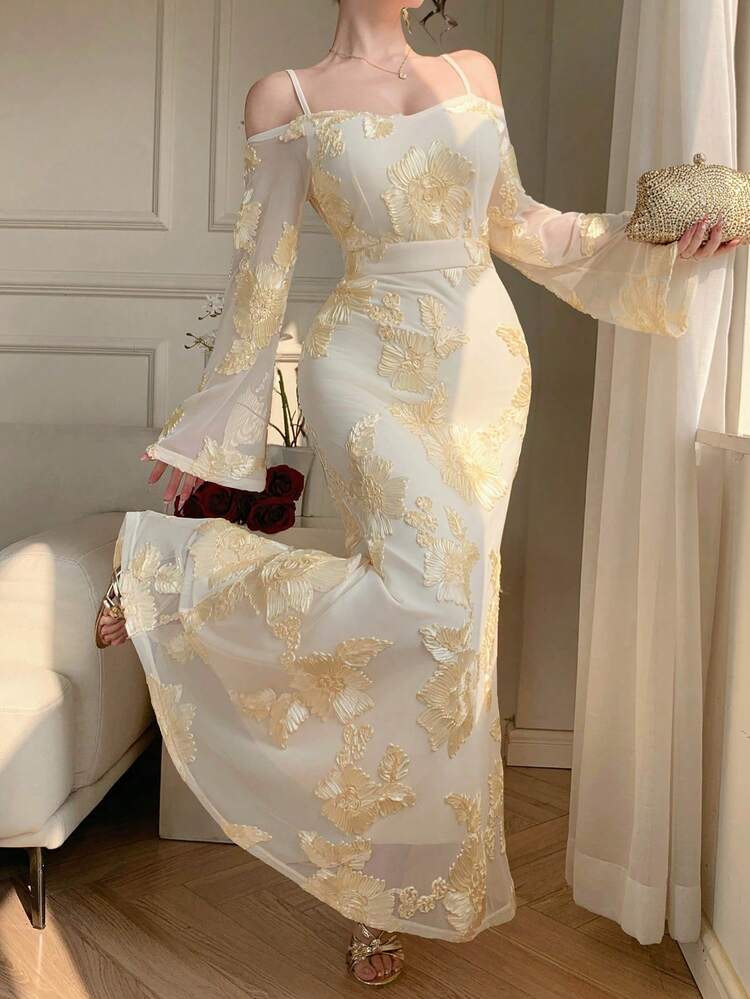 Spring & Summer Off-Shoulder Spaghetti Strap Dress, Beige 3D Embroidery Organza Ditsy Floral Lace Maxi Dress, Elegant For Valentine's Day, Wedding, Party, Banquet, Flared Sleeve Fitted Midi Dress For Women Sundress