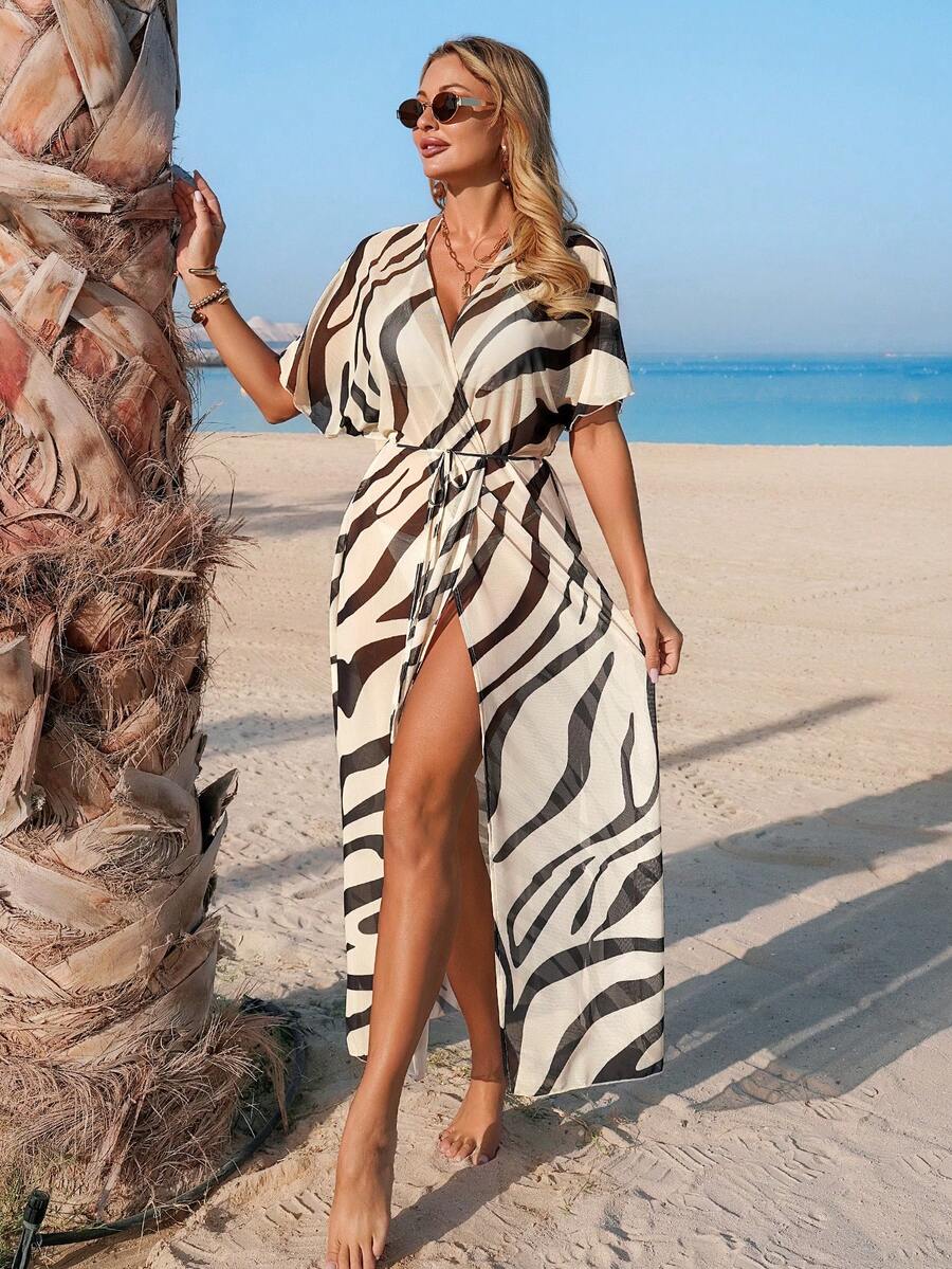 Swim Vcay 女士夏季度假斑马纹薄纱长款和服开衫 - 彩色 - 查看 1