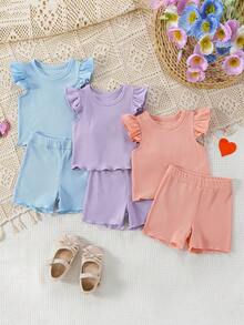 SHEIN 6pcs/Set Baju Bayi Perempuan Atasan Kerah Berkerut Aneka Warna, Lengan Berkerut & Celana Pendek Pinggang Elastis, Pakaian Kasual Musim Panas/Kerja/Musim Semi/Musim Gugur yang Lucu Warna Biru - MultiWarna - View 7