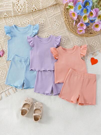 SHEIN 6件套女婴荷叶边领多色拼接上衣，泡泡袖，松紧腰短裤套装，舒适休闲可爱春夏秋季服装