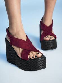 Sugerpunk Women's Thick Sole Sandals, Open Toe Platform Wedge Heels, Fashion Shoes - Burgundy - View 1