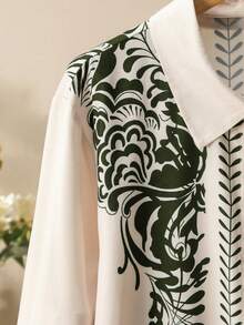 Lacomfia Conjunto de 2 piezas de camisa con estampado floral y pantalones de pierna ancha sueltos y cómodos de talla grande para mujer - Verde Oliva - Ver 6