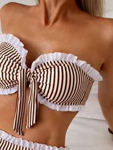 Swim Basics Spring & Summer Beach Vacation Striped Print 2 Pieces Set, Ruched Neckline & Hem, Ruffled Waistband - Coffee Brown - View 5