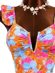 Zestiva New Floral Print V-Neck Ruffle Strap One-Piece Swimsuit, Fashionable & Sexy For Vacation - Multicolor - View 6