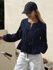 DAZY 女士圆领蝴蝶结开衫牛仔短灯笼袖宽松系带衬衫 - 深色水洗藍 - 查看 6