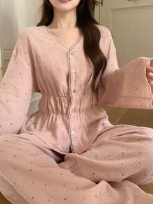 DAZY Sweet Polka Dot Allover Print Chiffon Fabric Lace Trim Women Pajama Set - Pink - View 11