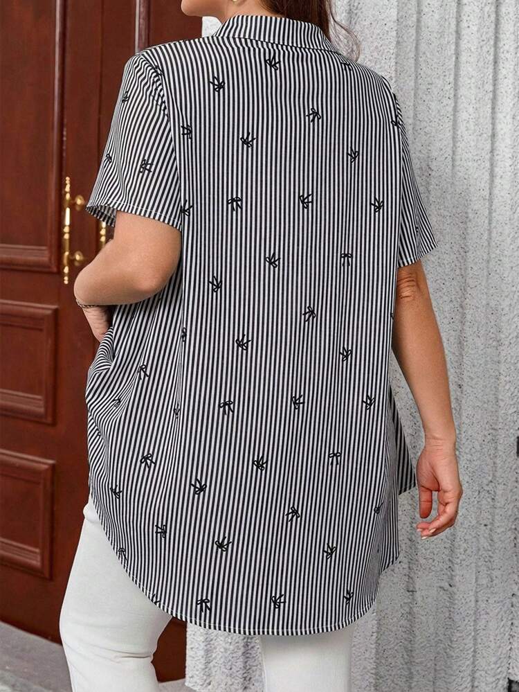 Plus Size Open Front Raglan Short Sleeve Striped Bow Print Smock Shirt\Summer\Vacation