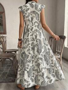 EMERY ROSE Women's V-Neck Waist Ruched Casual Vacation Date Dress With Cashew Flower Print - Black - View 2