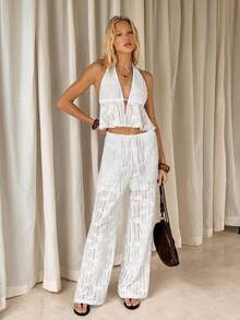 TRNVIE Women's White Summer Boho Vacation Holiday 2-Piece Set,Knit Jacquard Floral Lace-Up Backless Camisole & Wide Leg Drawstring Pants Casual Outfits - White - View 5