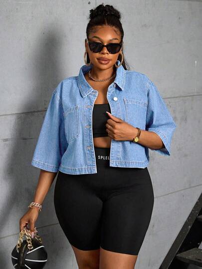 SHEIN SXY Chaqueta vaquera de mujer talla grande, corta, sin estiramiento, sexy