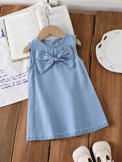 Infant & Baby GirlLight Blue Denim, Cute Bow Decor, Comfortable Fitted Style, Cotton Denim Suitable For Everyday Outings, Family Gatherings, New Arrival