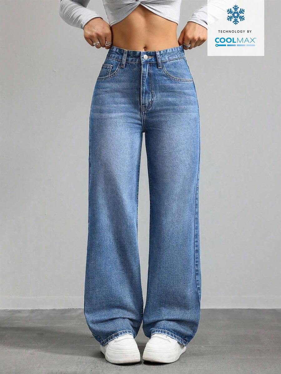 SHEIN ICON 女士口袋纽扣休闲百搭日常穿着阔腿牛仔裤 - 藍色 - 查看 1